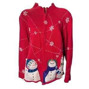 Vtg Y2K Ugly Christmas Sweater Heirloom Collectibles Snowman Zip Sweater Red M